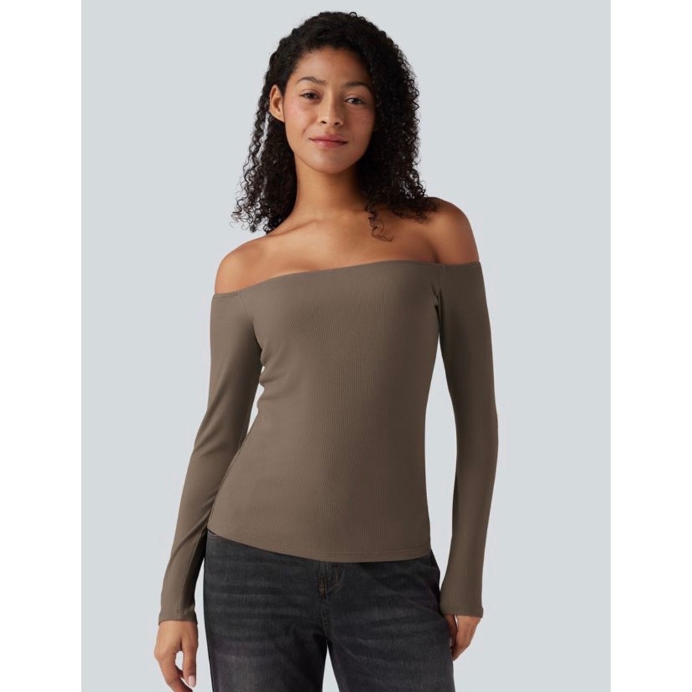 Halara‎ Ribbed Off the Shoulder Long Sleeve Top with Built-in Bra Brown XL NWT